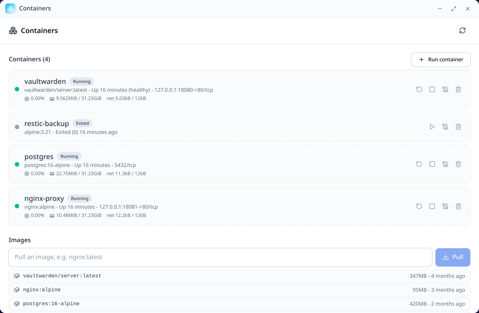 Container Manager listing running containers with CPU and memory usage, and the local image library