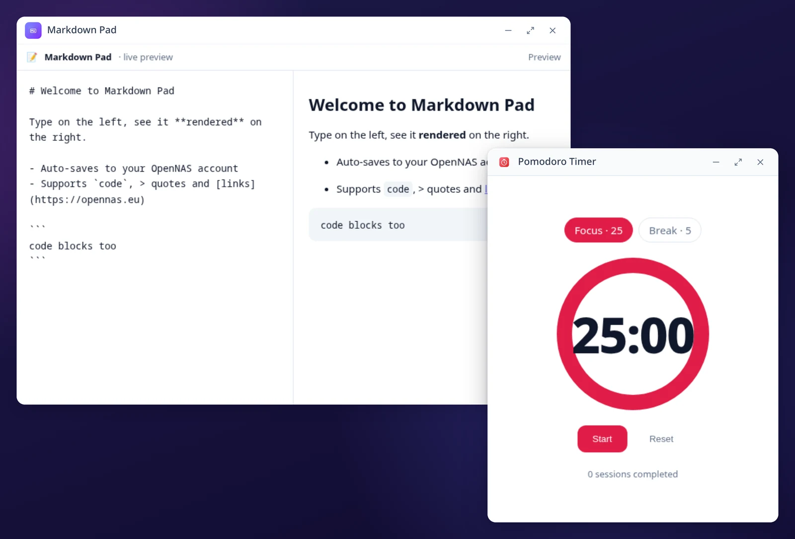 Two apps built with the SDK running on the desktop: Markdown Pad with a live preview, and a Pomodoro timer